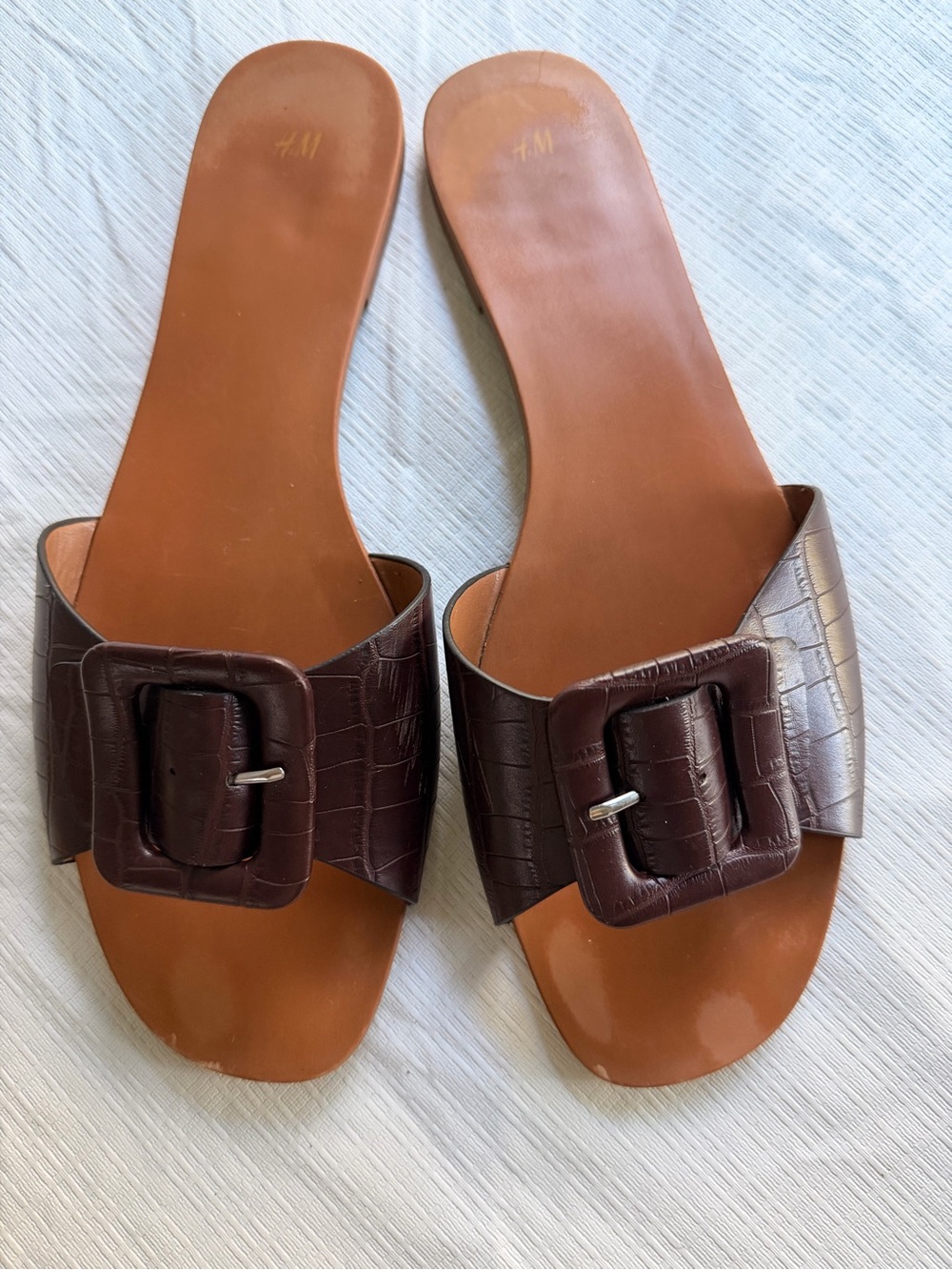 H&M Brown Croc-Textured Slide Mules with Buckle